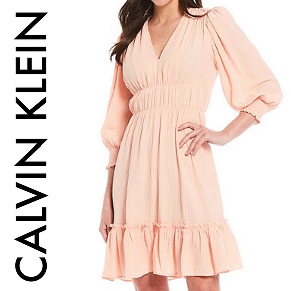 Calvin Klein Dresses & Skirts - CALVIN KLEIN NWT PEACH PINK CRINKLE PUFF SLEEVE RUFFLE A-LINE V-NECK DRESS 12